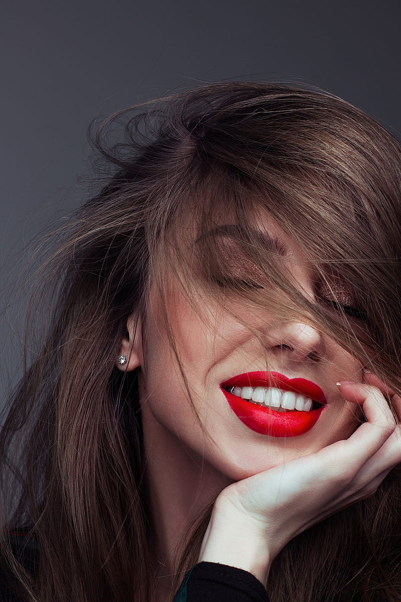 women, red lipstick, model, long hair, hair in face, HD phone wallpaper