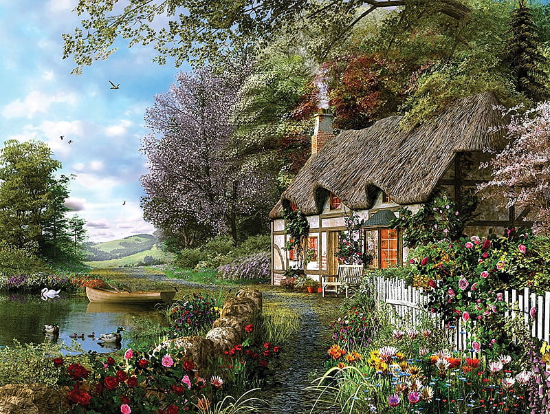 Cottage, art, painting, pictura, swan, lake, HD wallpaper