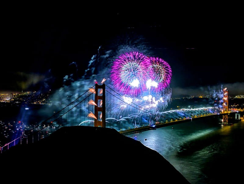 Calibrate Bridge, fireworks, landscape, nature, party, HD wallpaper