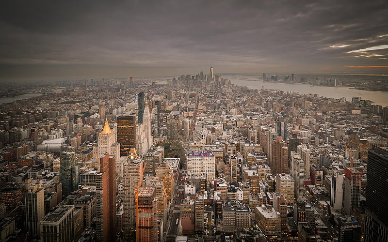 New York, Manhattan, Empire State Building, World Trade Center 1, skyscrapers, cityscape, evening, USA, HD wallpaper