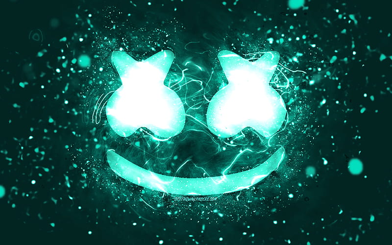 Marshmello turquoise logo Christopher Comstock, turquoise neon lights, creative, turquoise abstract background, DJ Marshmello, Marshmello logo, american DJs, Marshmello, HD wallpaper