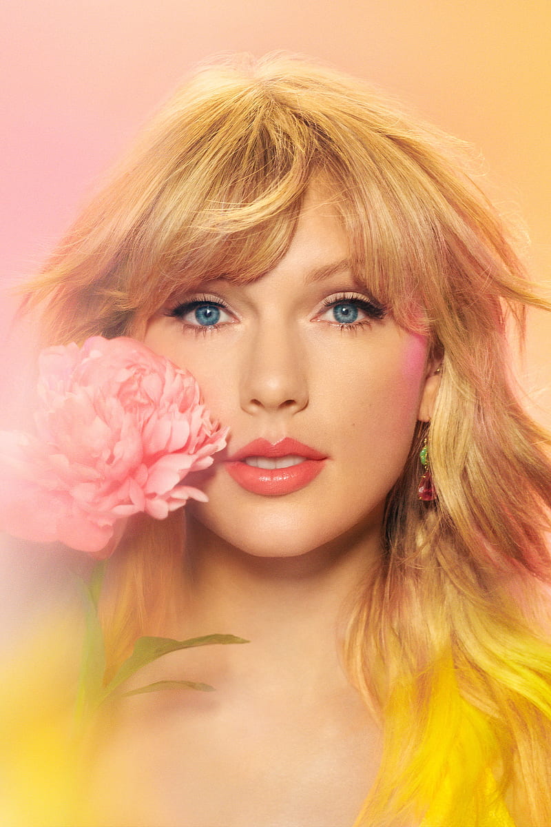 Taylor Swift, women, singer, blue eyes, blonde, gradient, flowers, lipstick, makeup, celebrity, HD phone wallpaper