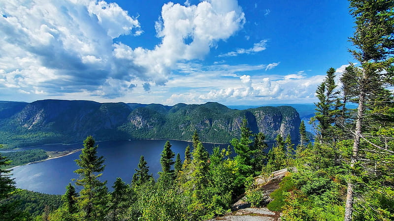 Saguenay Fjord National Park, Quebec, Canada, trees, landscape, sky, mountains, clouds, HD wallpaper