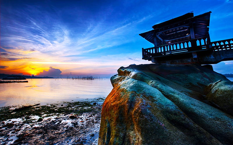 On Top Of Rock, beach, sunset, shelter, clouds, sky, sea, blue, HD wallpaper