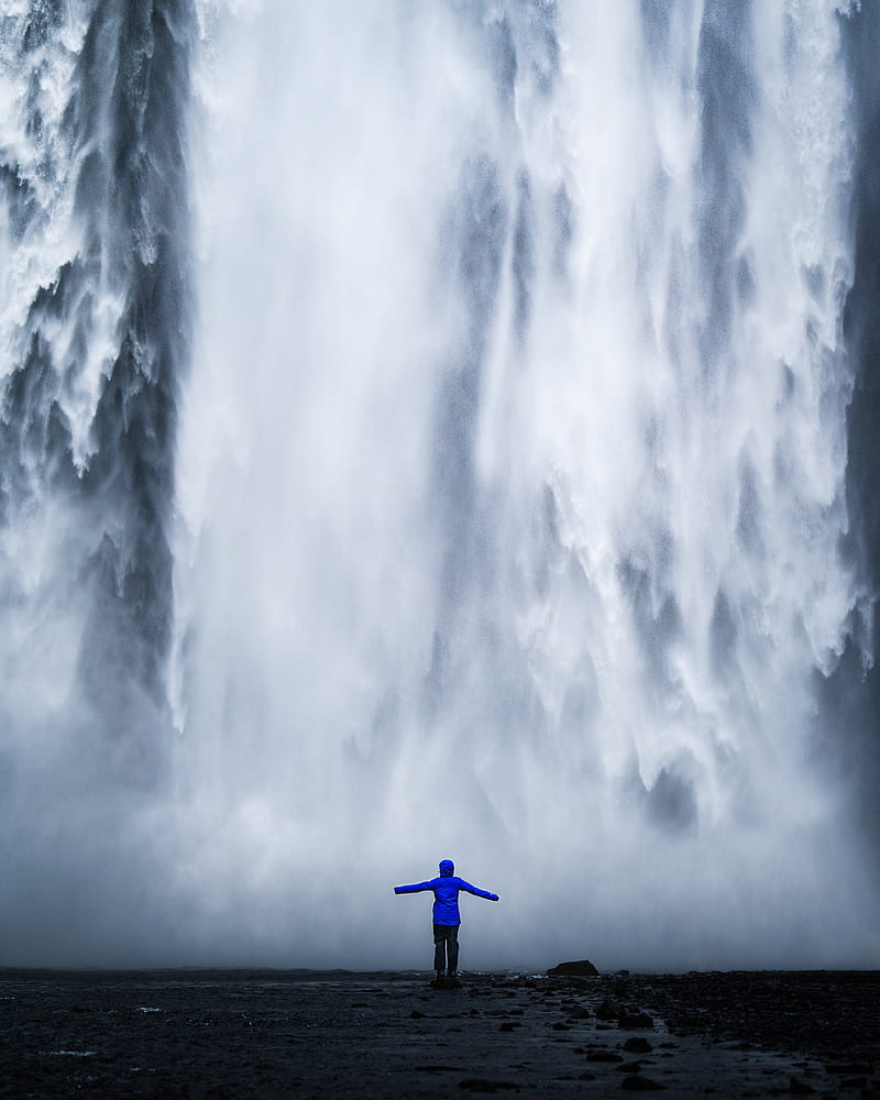 waterfall, man, silhouette, cliff, water, HD phone wallpaper