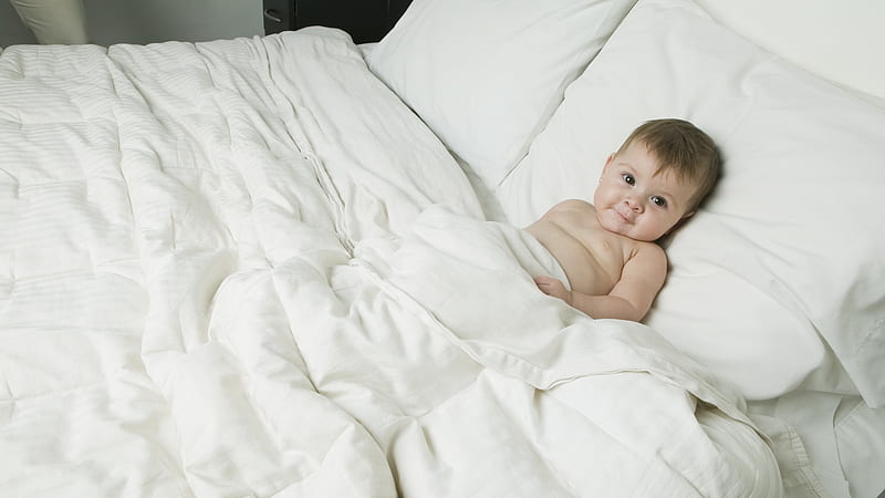 Smiling Baby, pillow, white mattress, smiling, baby, bed, HD wallpaper