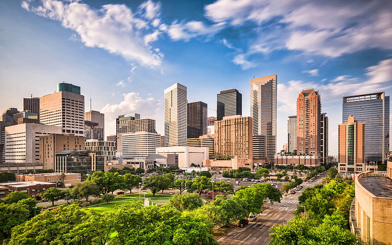 Houston, evening, skyscrapers, modern buildings, park, Houston cityscape, Texas, USA, HD wallpaper