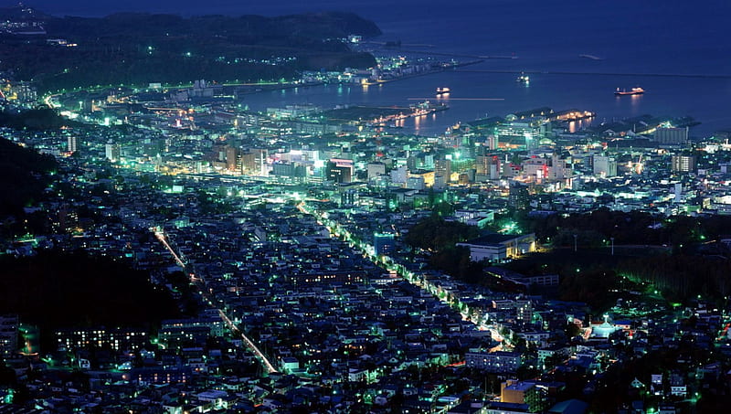 hokkaido japan at night, city, night, port, lights, HD wallpaper