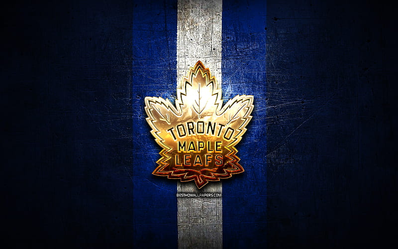 Toronto Maple Leafs, golden logo, NHL, blue metal background, canadian hockey team, National Hockey League, Toronto Maple Leafs logo, hockey, USA, HD wallpaper