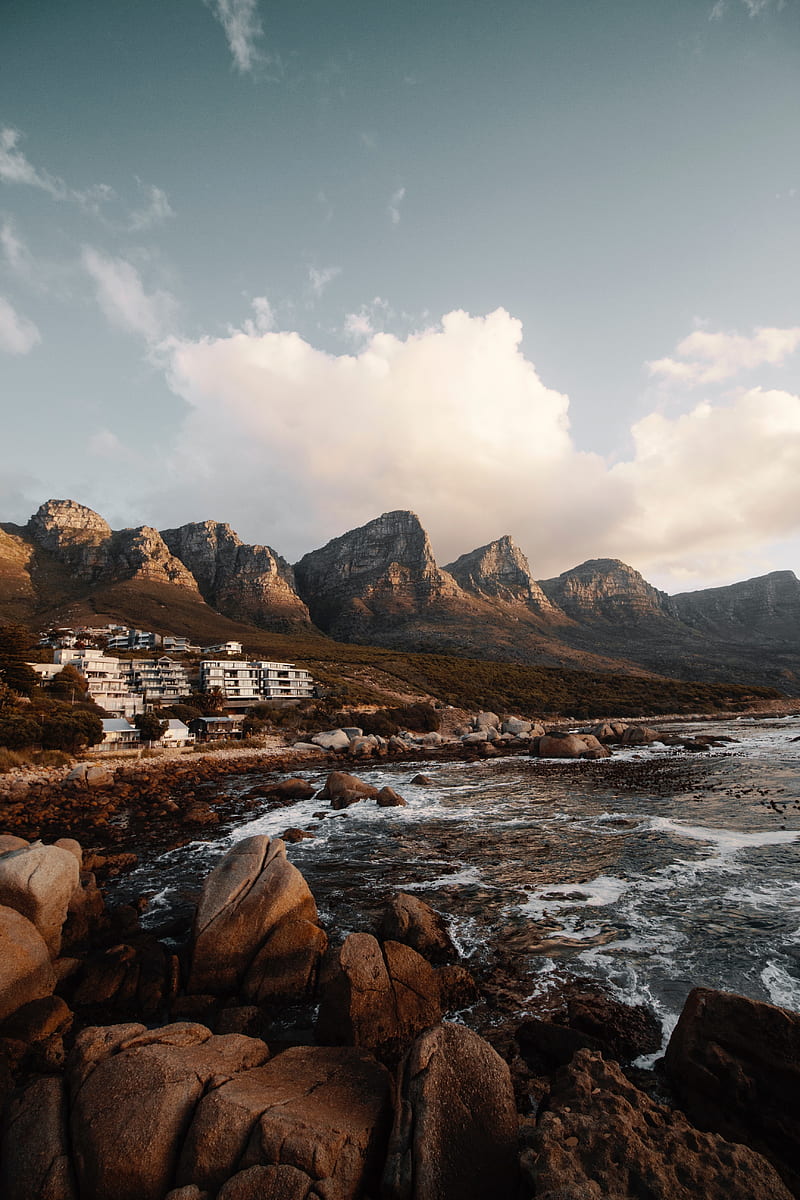 coast, mountains, rocks, water, buildings, HD phone wallpaper