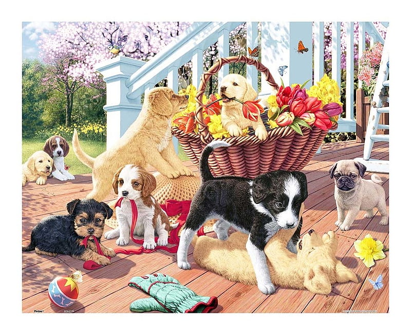 Puppy mischief, art, steve read, luminos, caine, animal, cute, mischief, basket, painting, summer, pictura, puppy, dog, HD wallpaper
