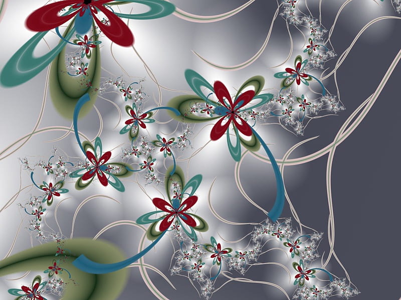 Flower Power, red, absract, fractal, flower, white, teal, silver, HD wallpaper
