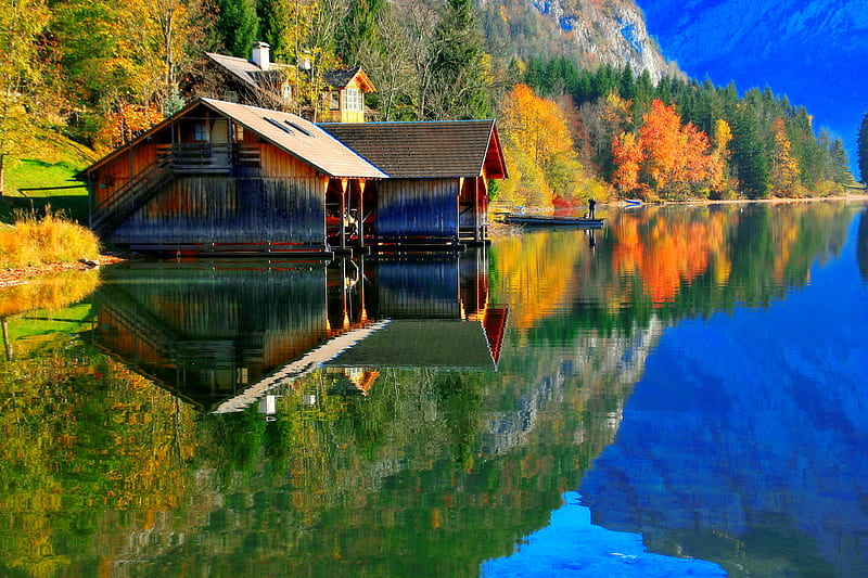 Explosion of autumn colors, fall, colorful, autumn, Austria, cabin, bonito, foliage, village, mirror, reflection, fishing, forest, explosion, trees, lake, tranquil, serenity, peaceful, october, HD wallpaper