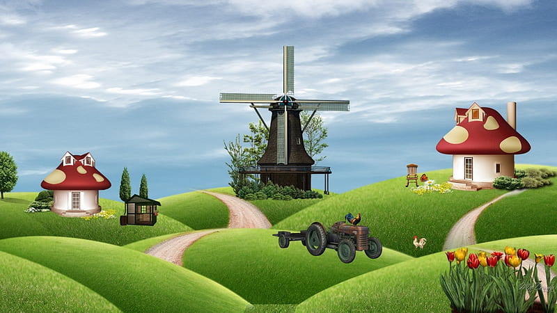 Little Farm On the Hill, rooster, windmill, house, tractor, chicken, cottage, rocking chair, country, trees, sky, yard, farm, flowers, HD wallpaper