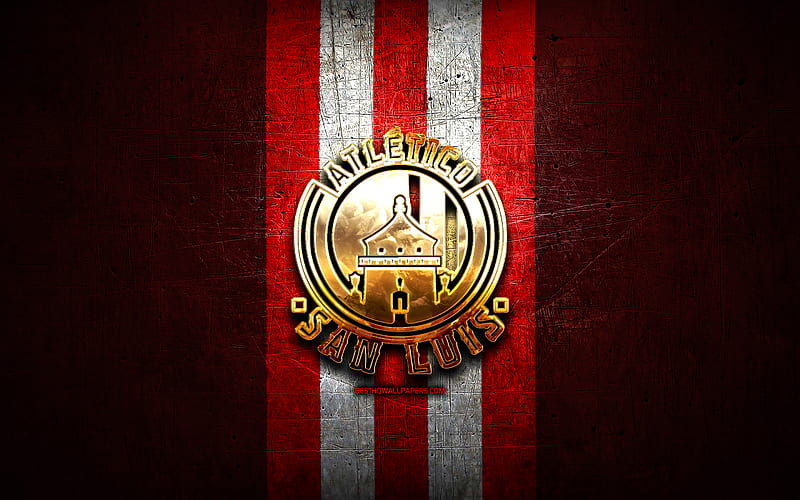 Atletico San Luis FC, golden logo, Liga MX, red metal background, football, Club Atletico de San Luis, mexican football club, Atletico San Luis logo, soccer, Mexico, HD wallpaper