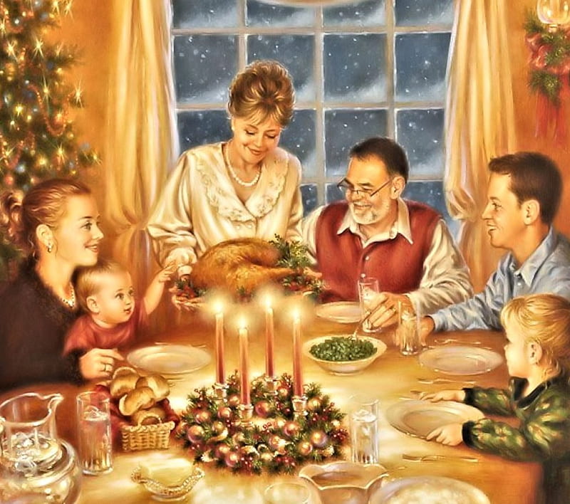 Christmas Dinner, Family, Christmas, Painting, Dinner, HD wallpaper