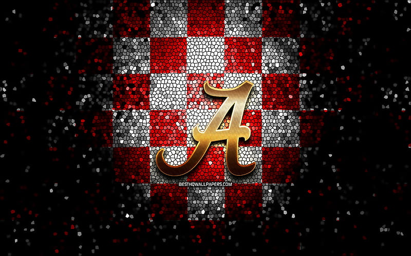 Alabama Crimson Tide, NCAA, glitter emblem, red white checkered background, USA, american football team, american football, Alabama Crimson Tide emblem, mosaic art, America, HD wallpaper