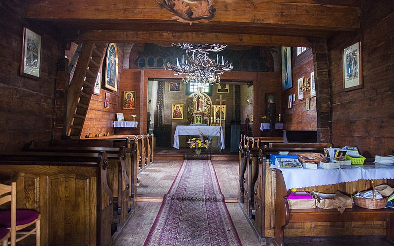 Wooden Church in Bieszczady, Poland, interior, Poland, church, wooden, Christianity, HD wallpaper