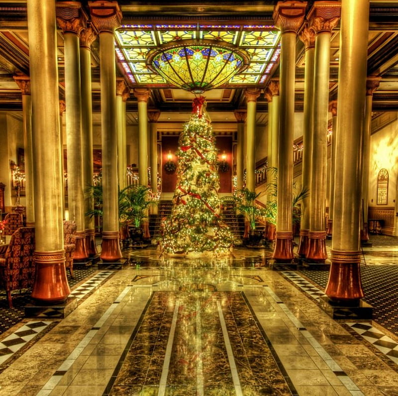 The Driskill Hotel Austin Texas, hotel, tree, christmas, golden, entrance, HD wallpaper