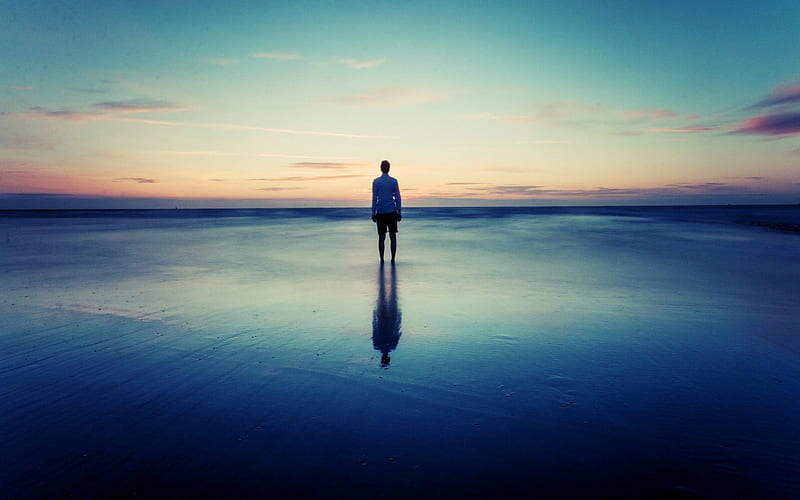 beautiful world, alone, sad, man, reflection, sky, sea, HD wallpaper