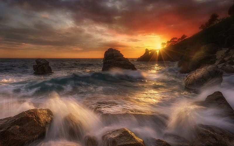 Balearic Sea, sunset, sea, waves, evening, seascape, Spain, Costa Brava, Cala dels Frares, Lloret de Mar, HD wallpaper