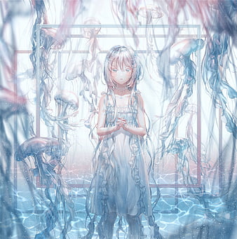 Anime girl, falling down, bubbles, underwater, Anime, HD phone wallpaper