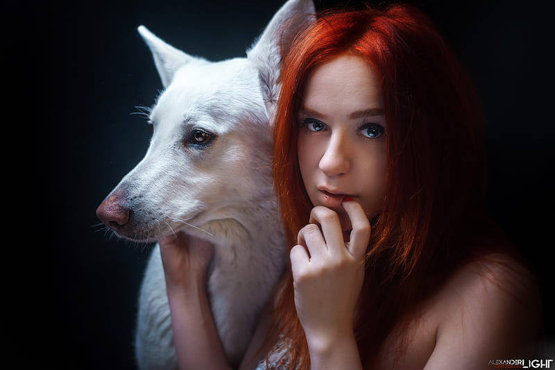 Women, Mood, Dog, Face, Maria Nekrasova, Model, Portrait, Redhead, HD wallpaper