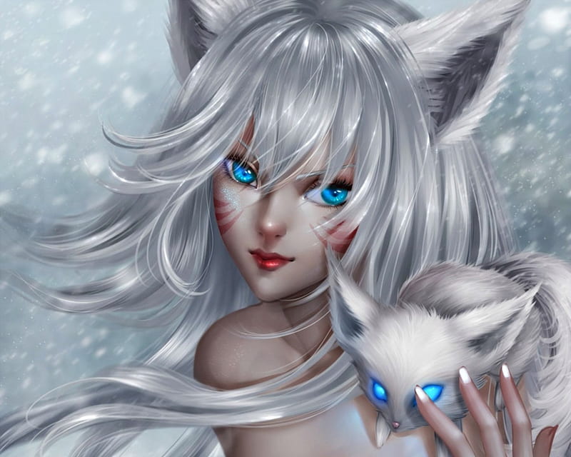 Snow Ahri, luminos, nine tails, game, woman, league of legends, winter, girl, fox, chubymi, white, blue, HD wallpaper