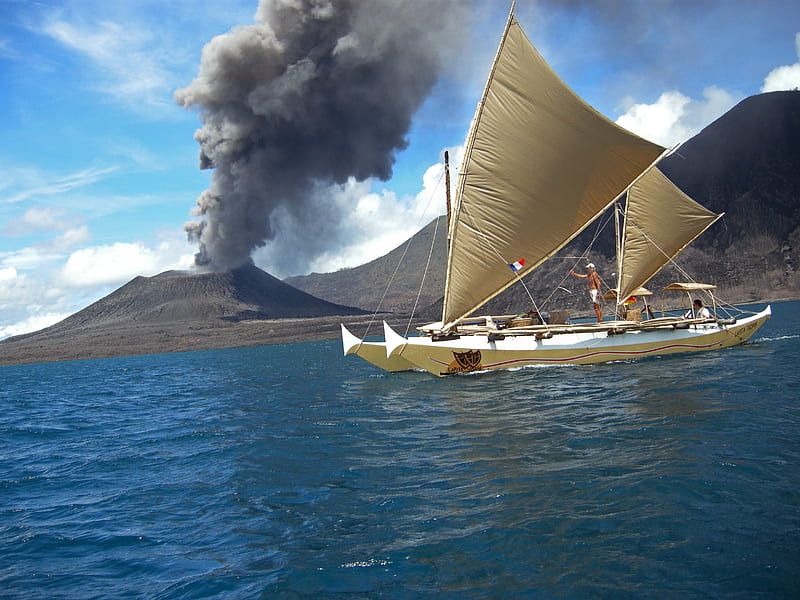 Volcanic Eruption Near Rabaul, Papua New Guinea, mountains, ash, sailboat, sky, sea, HD wallpaper