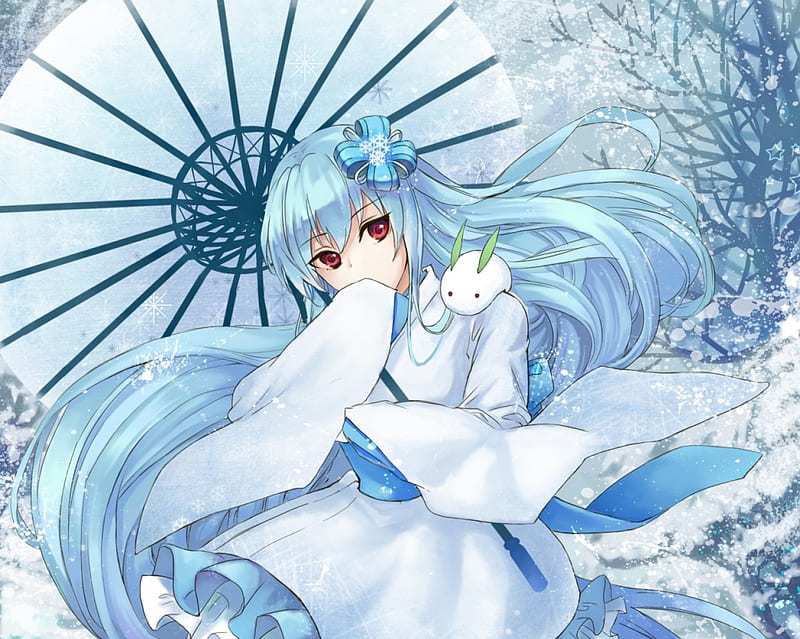Snow Maiden, pretty, umbrella, sweet, nice, anime, yukata, anime girl, long hair, female, lovely, kimono, winter, kawaii, girl, blue hair, snow, lady, maiden, HD wallpaper