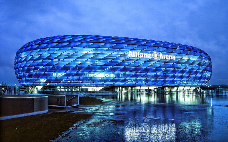 Allianz Arena, blue backlight, Munich, Germany, football stadium, Bundesliga, football, sports arenas, Bavaria Munich stadium, HD wallpaper