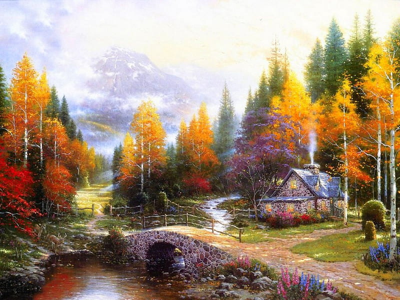 Autumn, autum, painting, nature, oil, HD wallpaper