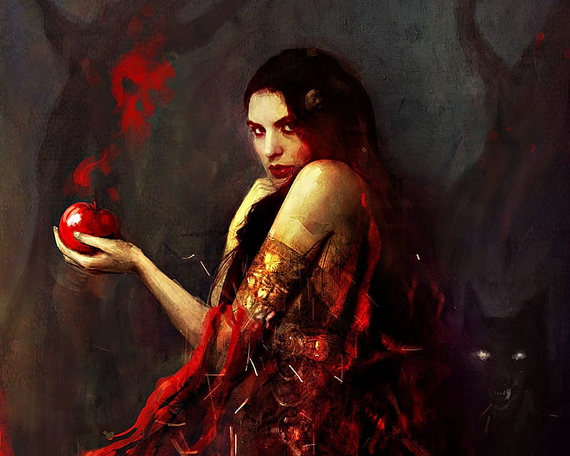 The skull, apple, red, witch, art, deharme, sorceress, black, woman, fantasy, girl, dark, wolf, HD wallpaper