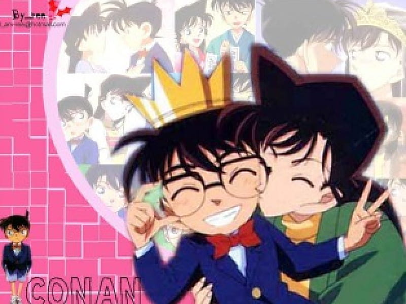 Detective Conan, Cute, Shinichi Kudo, Ran Mouri, Kiss, Conan Edogawa, HD wallpaper