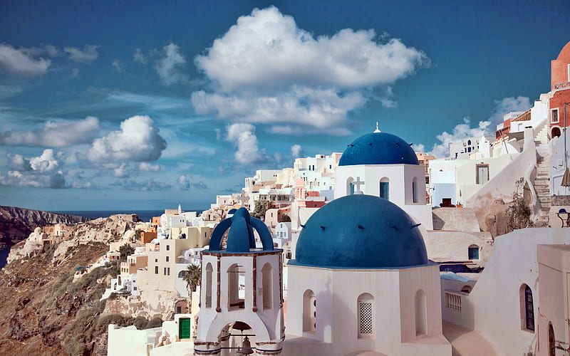 Santorini, white buildings, Aegean Sea, cityscapes, greek cities, Greece, Europe, HD wallpaper