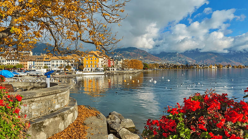 Autumn in Switzerland, autumn, city, Geneva, Switzerland, bonito, reflection, lake, fall, clouds, sky, HD wallpaper