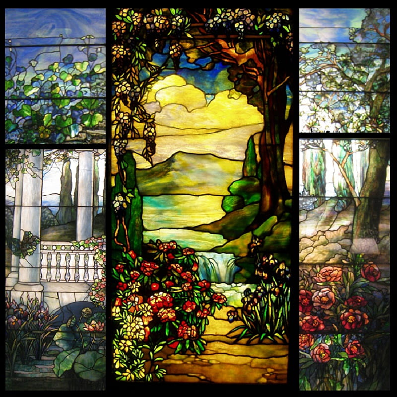 Tiffany Collage, glass, tree, lead, flowers, stained, colours, collage, tiffany, HD wallpaper