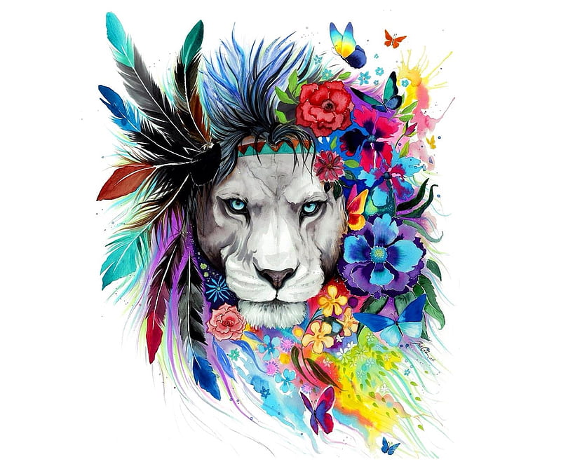 King of the lions, king, colorful, art, jojoesart, lion, fantasy, butterfly, feather, flower, pixiecold, HD wallpaper