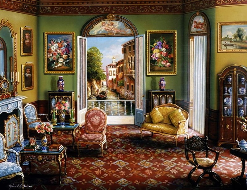 Venetian Living Room, furniture, window, canal, painting, flowers, artwork, armchairs, HD wallpaper