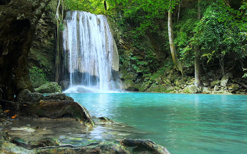waterfall, rainforest, blue lake, green trees, beautiful waterfalls, HD wallpaper