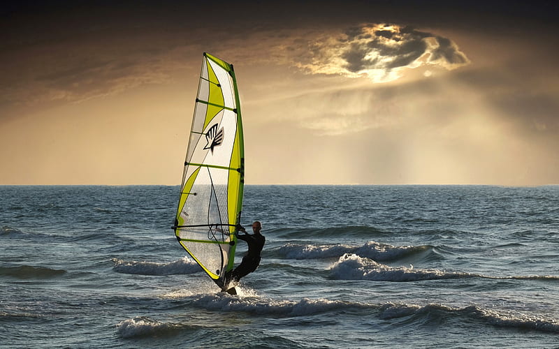 Windsurfing, Extreme sport, sea, waves, evening, sunset, wind, HD wallpaper