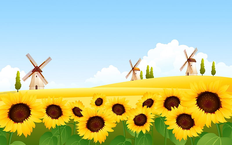 Windmill Fields, windmill, brown, windmills, yllow, fowers, sky, clouds, leaves, green, sunflowers, flower, petals, white, blue, HD wallpaper