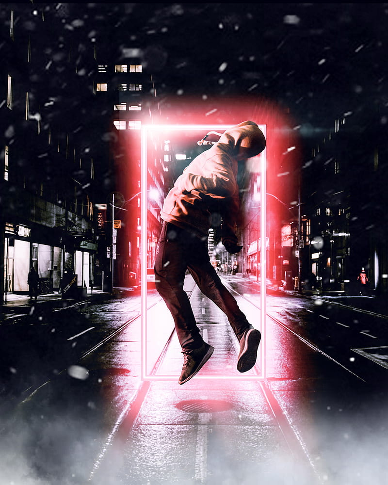 man, jump, portal, glow, illusion, HD phone wallpaper