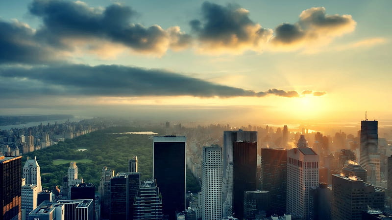 sunset over magical new york city r, city, r, park, sunset, clouds, skyscrapers, HD wallpaper