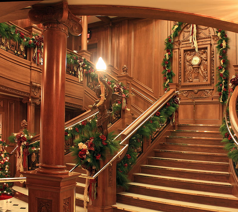 Titanic Christmas, christmas, grand staircase, movie, ship, titanic, xmas, HD wallpaper