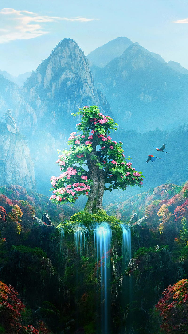 Tree, magic, mountain, mountains, view, fantasy, ocean, nature, river, water,  HD phone wallpaper | Peakpx