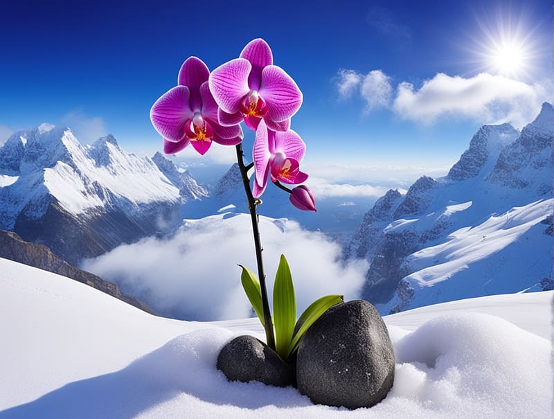 Flowering orchid, havas taj, egbolt, ho, taj, tel, viragzo orchid, hegyek, HD wallpaper