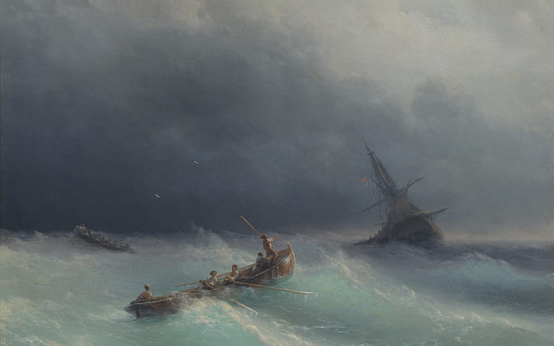 Storm on the sea, art, water, ship, painting, storm, blue, ivan aivazovsky, sea, pictura, HD wallpaper