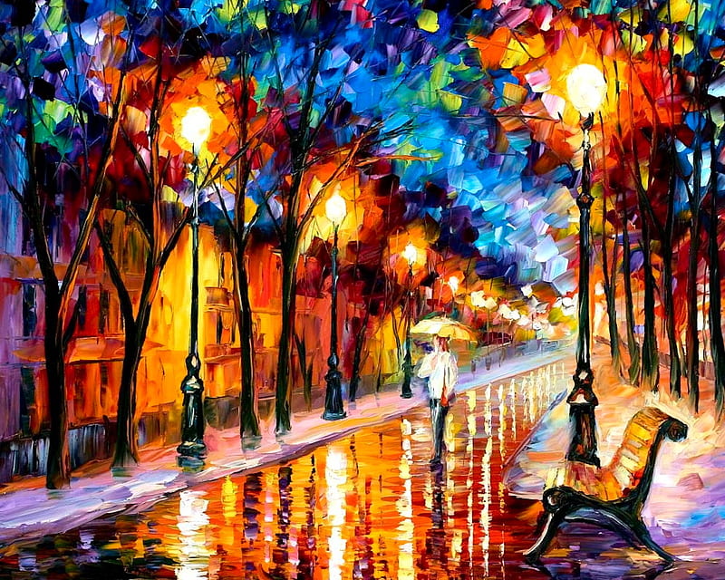 rain, colorful, art, lamp, painting, color, street, light, HD wallpaper
