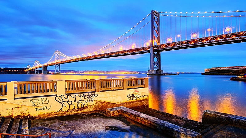 view of the frisco bay bridge in evening, dock, bridge, evening, graffiti, bay, lights, HD wallpaper